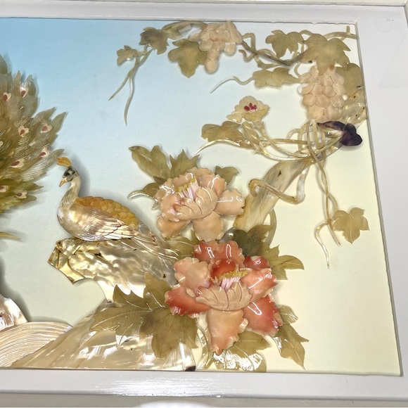 Vintage Asian Shell Art Peacock Flowers Framed Wall Art - Picture 4 of 13